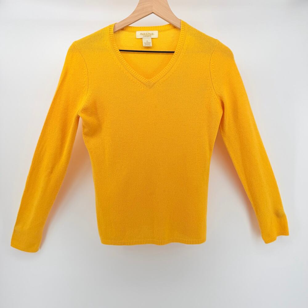 Peck & Peck Marigold Yellow 2ply Cashmere V-Neck Sweater S Capsule Quiet Luxury
